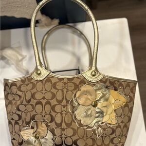 Coach Brown and Gold Floral Shoulder Bag